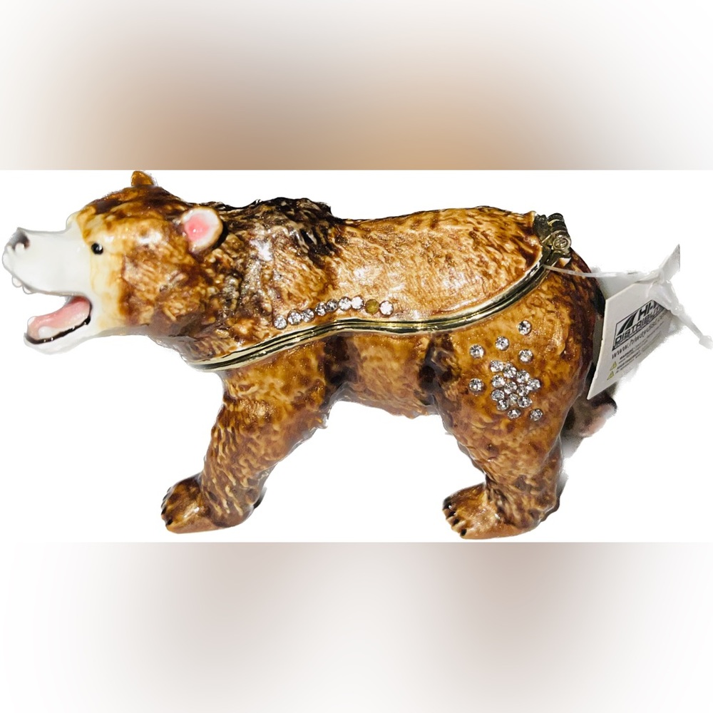 Hand Made Bear ,Painted Brown Enamel With Cystal Hinged Trinket Box.